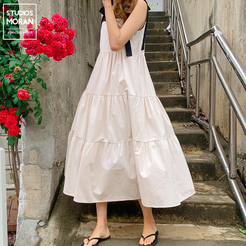 (HÀNG SẴN) Váy hai dây babydoll MORAN dập viền xòe dài rộng vintage nhẹ nhàng thắt nơ vai | BigBuy360 - bigbuy360.vn