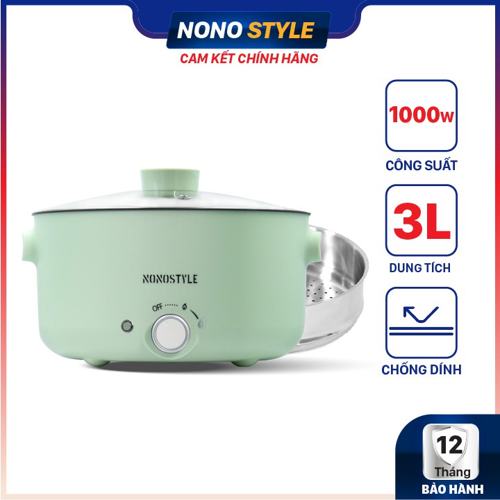 Nồi điện đa năng Nonostyle - Nấu cơm, lẩu, hấp, luộc, món nước tiện lợi  - Nồi chống dính, vỏ cách nhiệt - BH 12 tháng