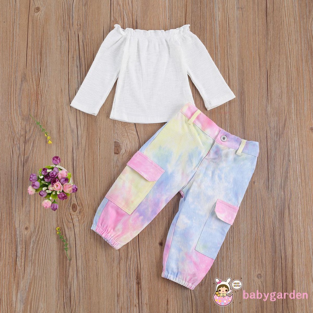 Bộ áo cổ thuyền tay dài sọc gân co giãn màu trơn kèm quần dài da beo/rằn ri/tie-dye dáng rộng có túi lớn cho bé gái