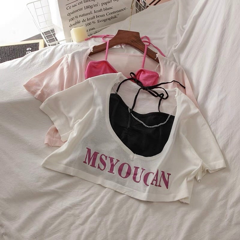 [ẢNH THẬT] SET 2 ÁO CROPTOP CỔ V (KÈM YẾM TRONG) CHIZISHOP IN CHỮ -CRT TAY NGẮN S2A001