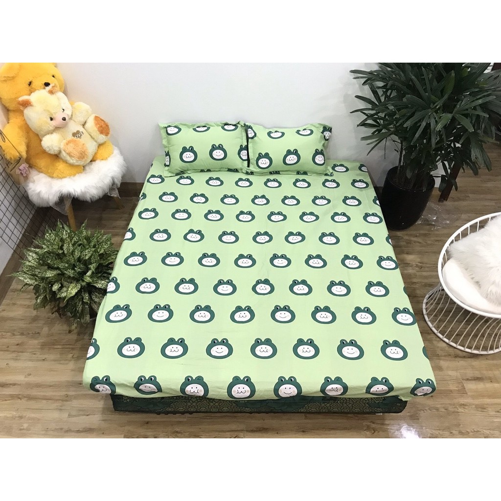 Sỉ Bộ Chăn Hè Ga Gối Kèm Vỏ Gối Ôm set 5 món Sally Mẫu ẾCH XANH