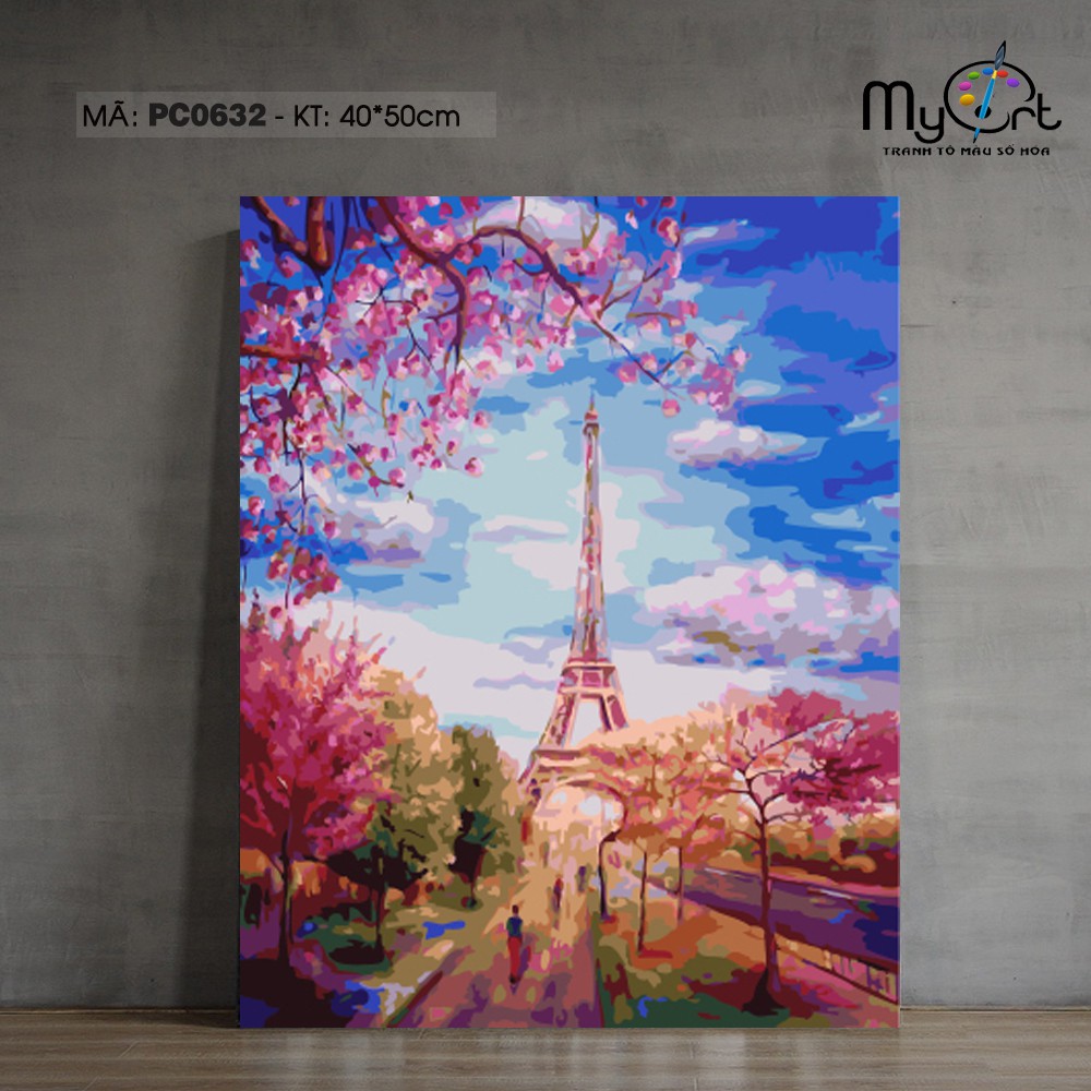 Tranh sơn dầu số hóa tự tô màu - Mã PC0632 Paris Tháp Eiffel mùa xuân Tranh đường phố Châu Âu Paint by numbers