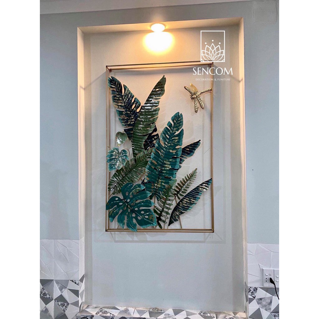 Tranh sắt treo tường nghệ thuật, trang decor trang trí hoa 2 vòng xanh lá đẹp cao cấp - 2059