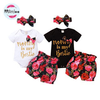 Bộ đồ liền thân + quần + băng đô mikrdoo in hoa dễ thương cho trẻ sơ sinh