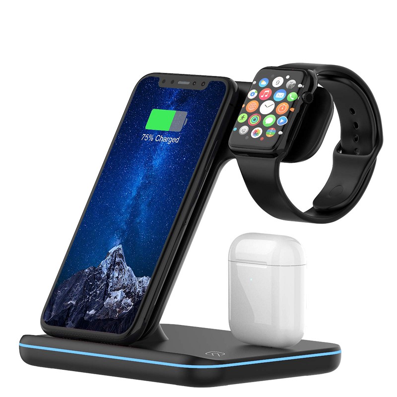 IPHONE SAMSUNG Đế Sạc Không Dây 3 Trong 1 15w Cho Apple Iwatch Series 6 / 5 / 4 / 3 / 2 / 1 / Xs Max / Xr / 8 / X Đứng