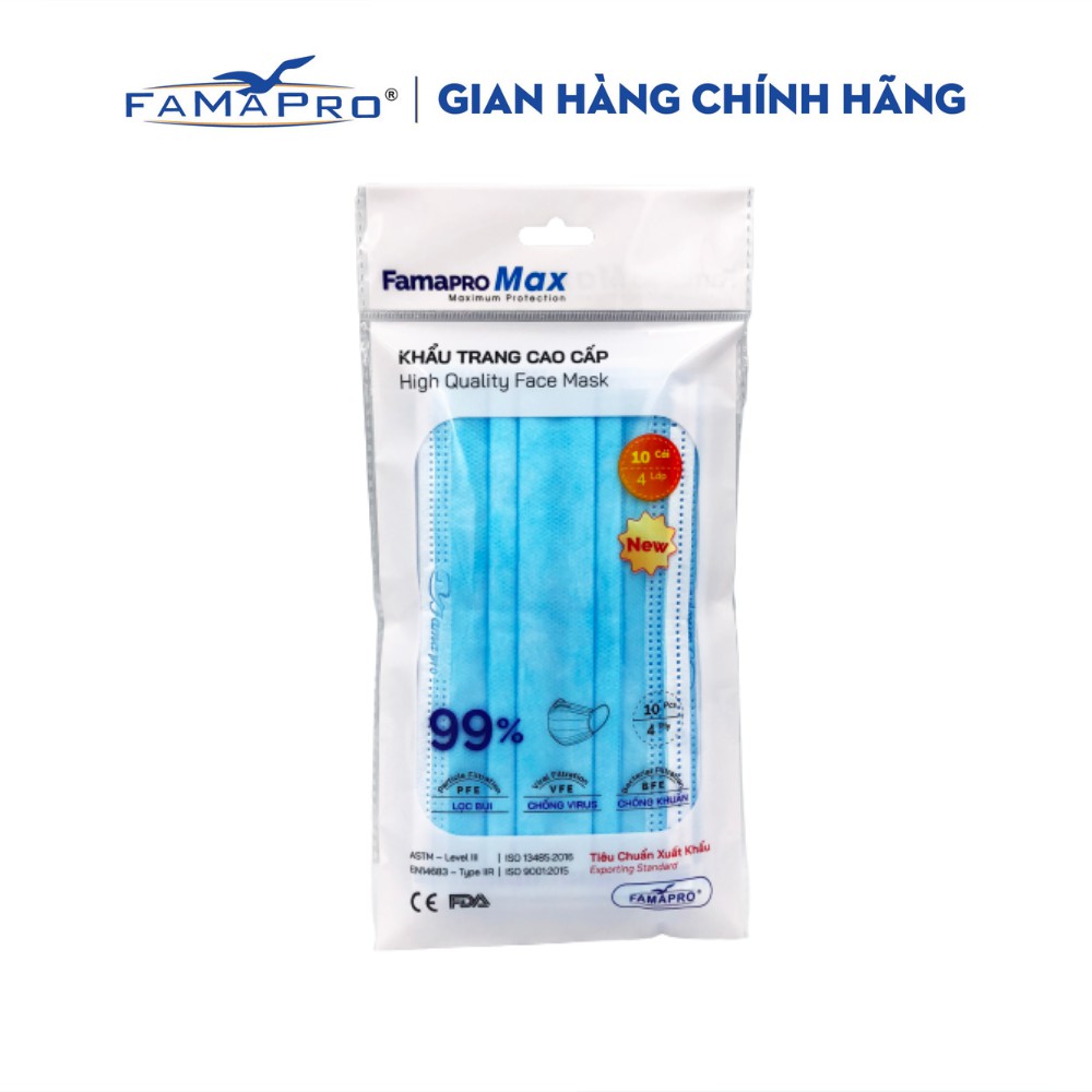 Khẩu trang y tế cao cấp kháng khuẩn 4 lớp Famapro max màu xanh (10 cái /túi)