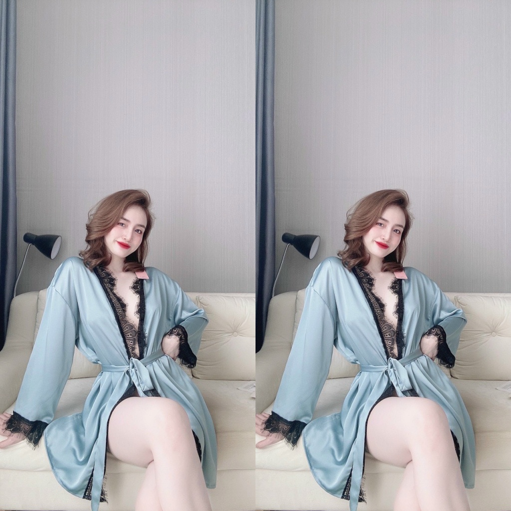 Áo Choàng Ngủ, Áo Choàng Ngủ Sexy Lụa Satin Phối Ren Gợi Cảm Sang Trọng Freesize - Linqustore