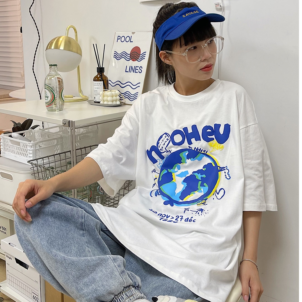 Áo thun tay ngắn in hình trái đất phong cách Hàn Quốc thời trang cho nữ