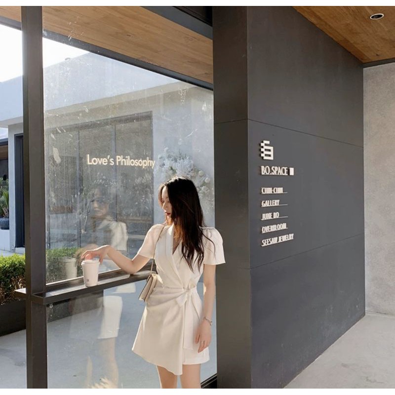 Đầm cổ vest buộc nơ eo