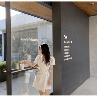 Đầm cổ vest buộc nơ eo
