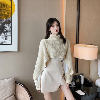 Set Áo Sweater Cổ Lọ + Chân Váy Lưng Cao Thiết Kế Lệch Tà Thời Trang Mùa Thu Thanh Lịch Cho Nữ