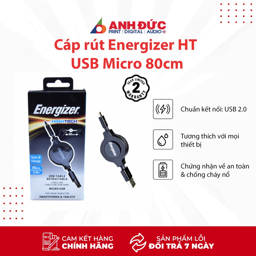 Cáp rút Energizer HT USB Micro 80cm Bảo hành 2 năm.