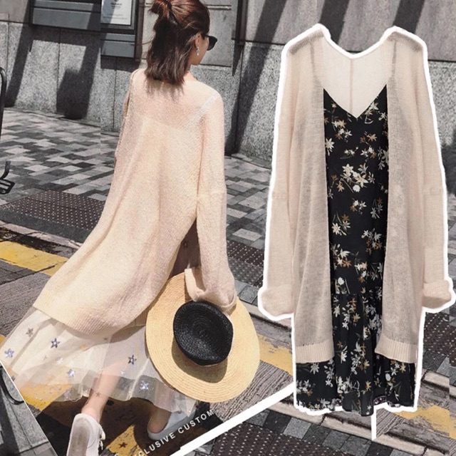 Áo khoác len mỏng dài / áo cardigan len lưới đi biển ulzzang
