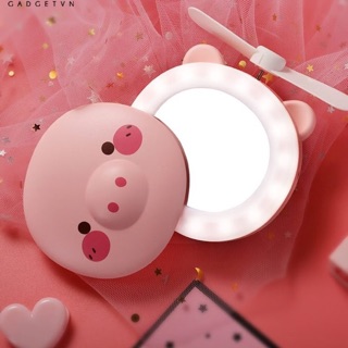 Gương heo mini cầm tay có đèn led kèm quạt