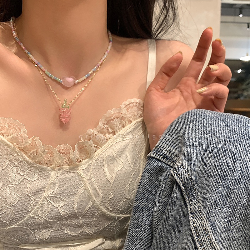 Vòng cổ Chuỗi Hạt Trái Tim Màu Hồng