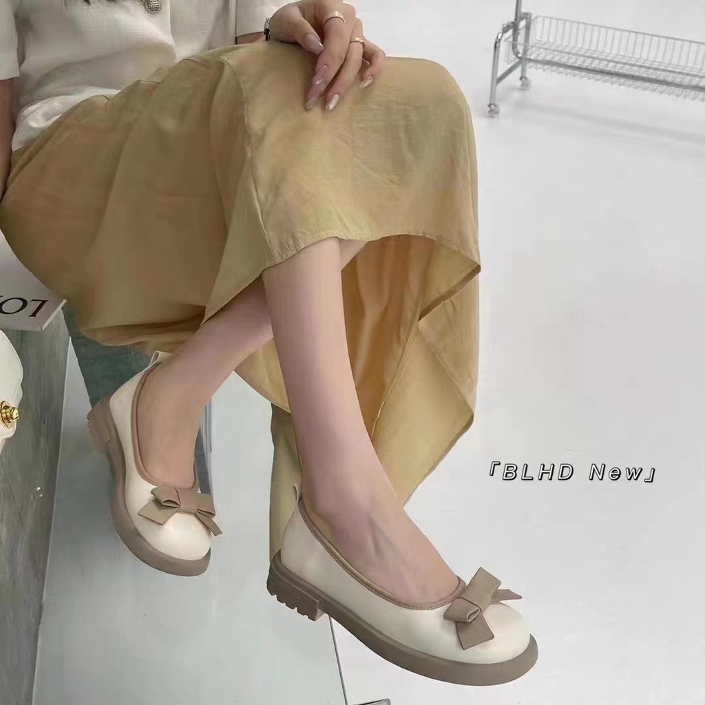 Giày Búp Bê Đế Dày Màu Đen Đính Nơ Xinh Xắn Cho Nữ