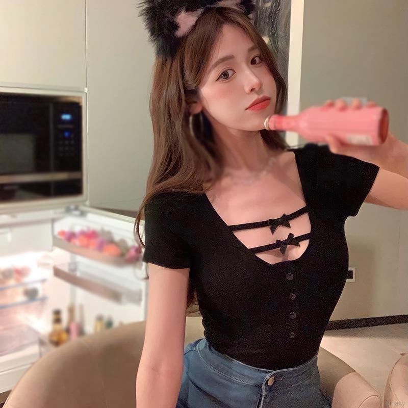 Áo Thun Ngắn Tay Phối Nơ Xinh Xắn Cho Nữ