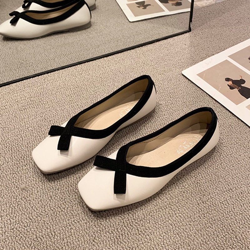 Giày Búp Bê Da Mềm Mũi Vuông Đính Nơ Thời Trang Cho Nữ