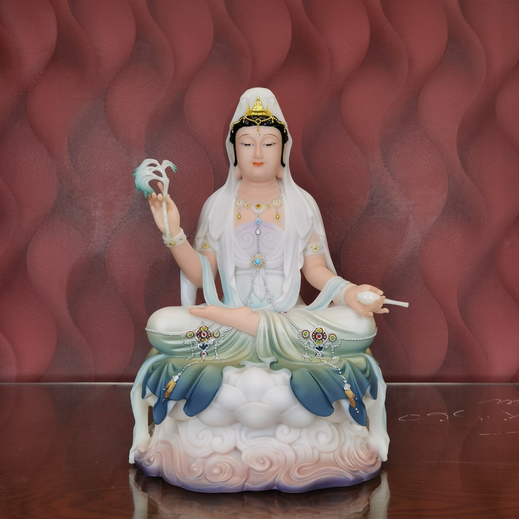 Tượng Phật Quan Âm Ngồi Đài Sen Đá Cao Cấp Tượng quan âm đá 12in 16in 19in - Phật Giáo Tường Thuận