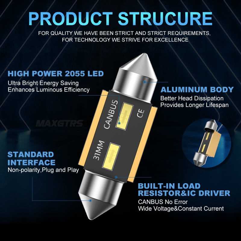 Set 2 đèn LED Canbus Festoon MAXGTRS C5W gắn trần/cốp xe/cửa/biển số xe ánh sáng trắng 12v cho xe hơi 31mm 36mm 41mm