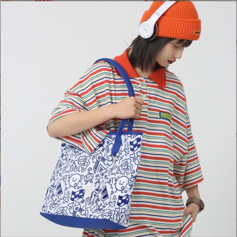 Túi tote vải canvas  đeo vai nữ đựng vừa laptop cỡ lớn Đi Học Đi Chơi phong cách Nhật Bản