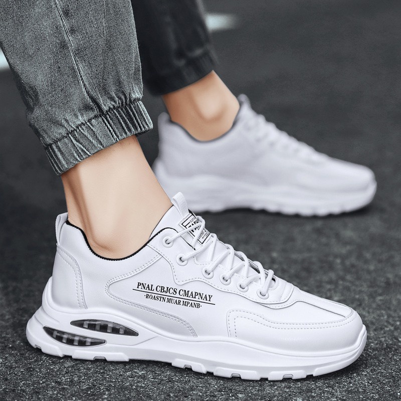 Giày MWC 5345 - Giày Thể Thao Nam, Sneaker Da Trơn Thiết Kế In Chữ Đế Độn Cá Tính Trắng Kem