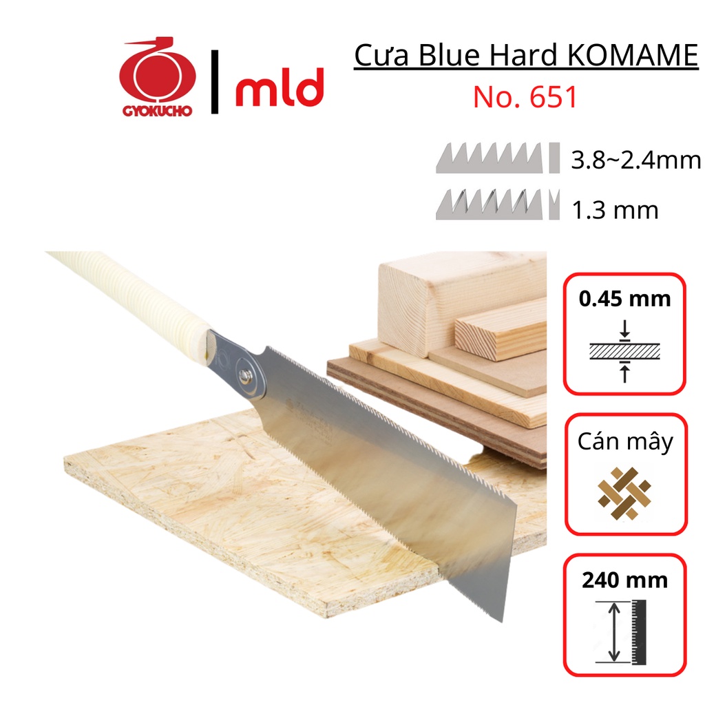 Cưa cầm tay Blue Hard Komame, hai lưỡi Ryoba, hiệu GYOKUCHO, 240mm, No: RZ651 [MADE IN JAPAN]