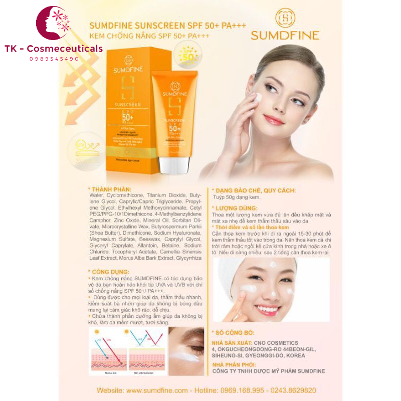 Kem Chống Nắng Vật Lý SUMDFINE SPF 50 PA+++ Nâng Tone, Dưỡng Ẩm Da Sáng Mịn - 50g