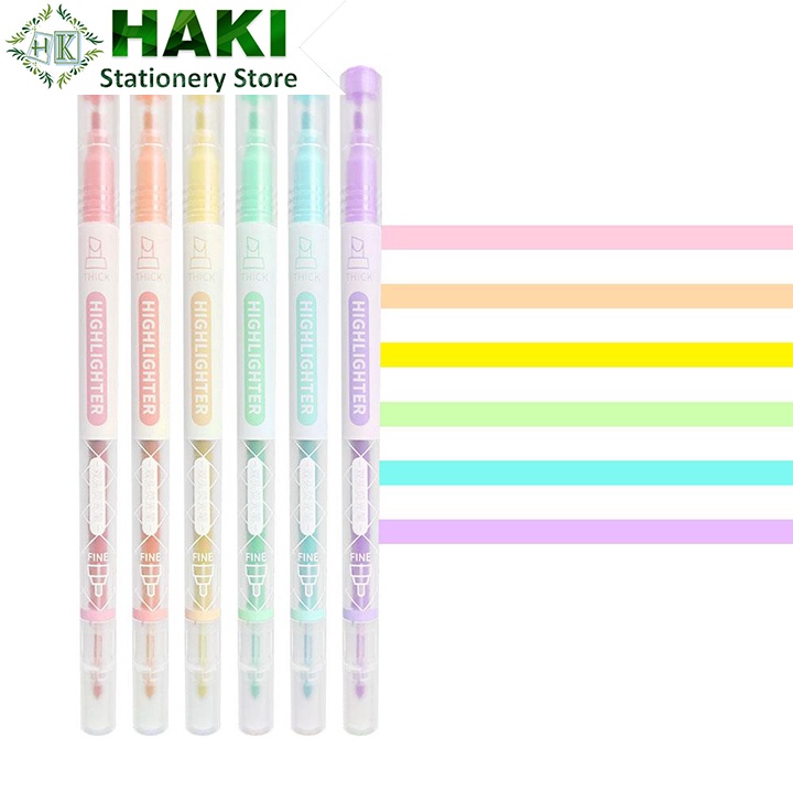 Bút dạ quang HAKI, bút đánh dấu hai đầu nhiều màu macaron nhớ dòng nhấn dòng highlighter dụng cụ văn phòng phẩm B17