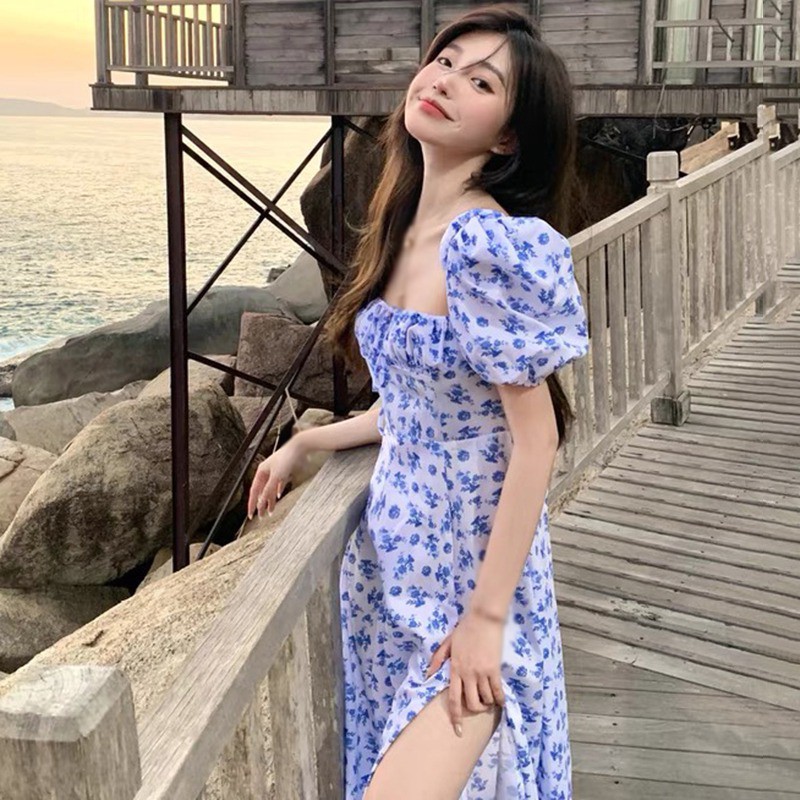 Đầm in hình hoa tay phồng dáng dài xẻ tà kiểu Pháp thời trang mùa hè dành cho nữ