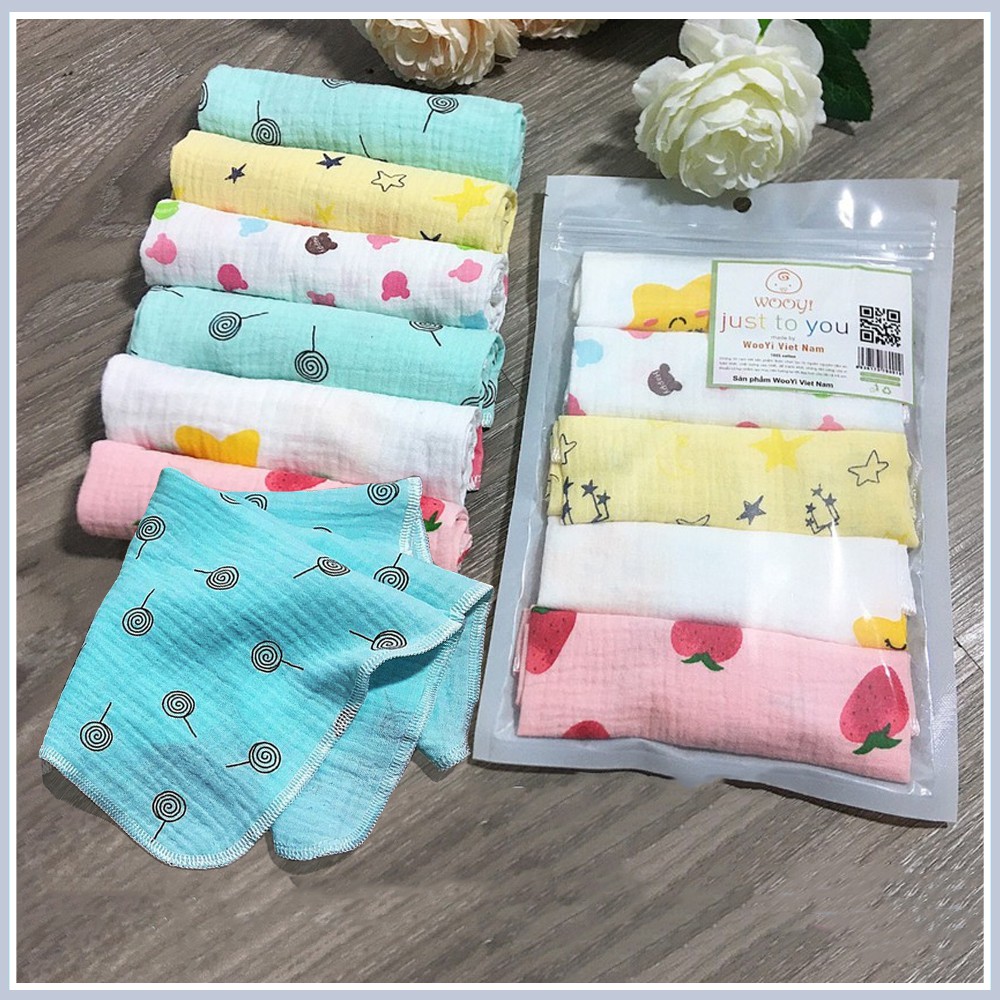 Set 5 Khăn sữa cotton Wooyi mềm mịn cho bé/ khăn lau cho bé (2 lớp)