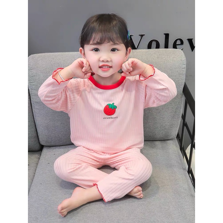 Bộ đồ tăm gân dài tay cổ tròn quả cherry cho bé yêu từ 8-20kg