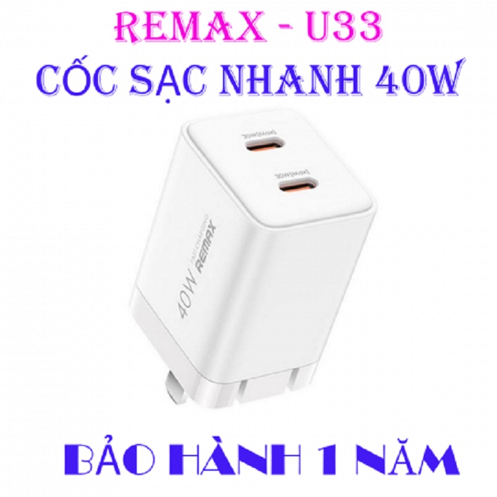 CỐC SẠC SIÊU NHANH REMAX RP-U33 - 40W , HỔ TRỢ 2 CỔNG TYPE-C