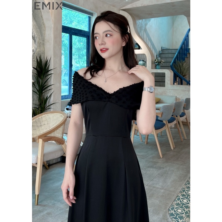 Váy dự tiệc trễ vai EMIX (màu đen), đầm tiểu thư dáng xòe cao cấp, chữ A, triết eo, chất trượt hàn 113