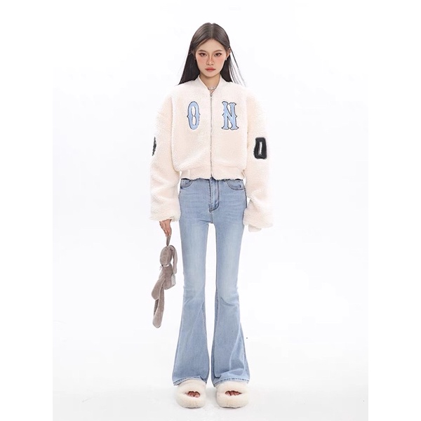 Áo khoác bomber bóng chày lông cừu dáng ngắn
