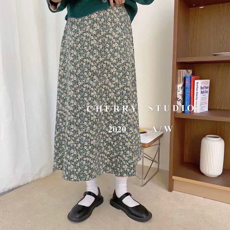 Chân váy nhung tăm dáng A 1533 hoạ tiết hoa nhí Ulzzang style