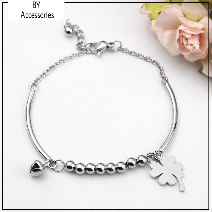 Lắc tay inix nữ bi tròn phối chuông gắn hình xinh xắn không gỉ WB031801T
