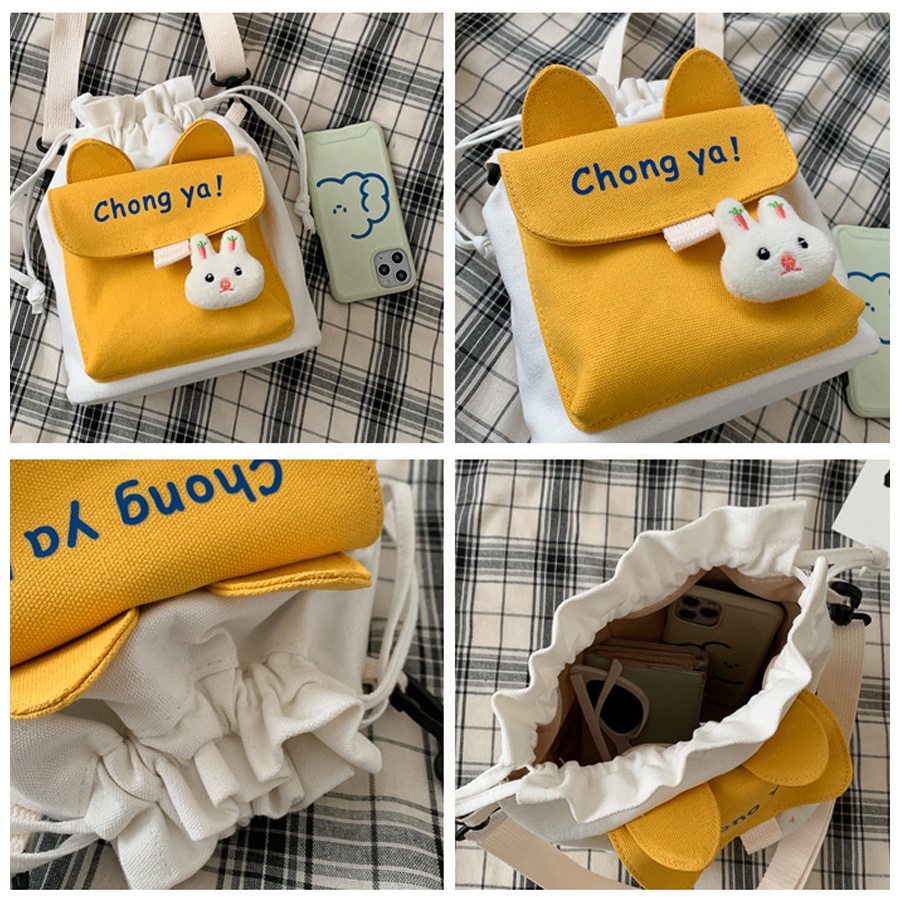 Túi Đeo Chéo Vải Canvas Miệng Rút Chongya Siêu Dễ Thương Phong Cách Thời Trang
