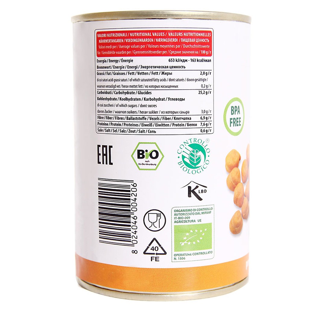 Đậu Gà Hữu Cơ BioItalia (400g) - Organic Chickpea Can