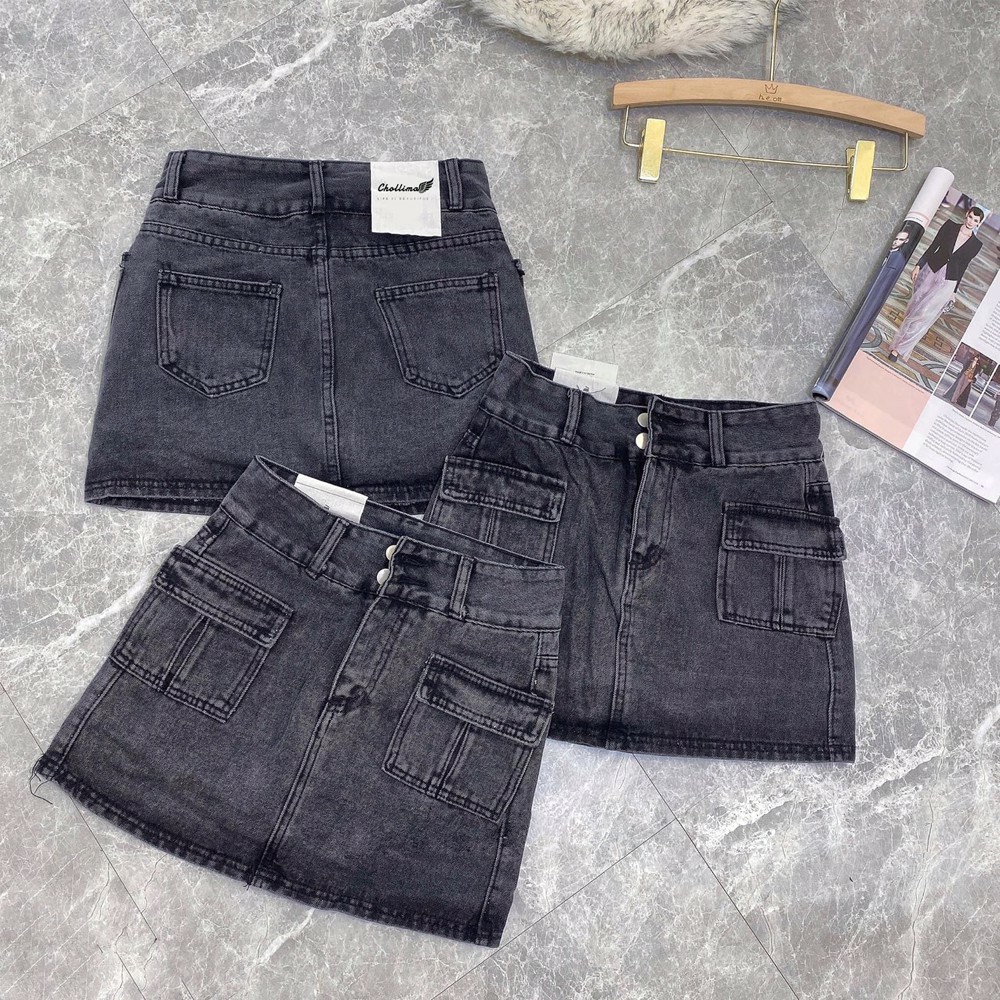 Chân Váy Jean 2 Nút Túi Hộp 2 Màu Xanh Và Đen Khói - 504 | BigBuy360 - bigbuy360.vn