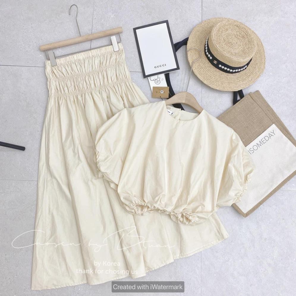 Set Áo Croptop Tay Bồng Bo Gấu + Chân Váy Cạp Chun Dịu Dàng | BigBuy360 - bigbuy360.vn