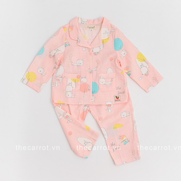 Bộ dài tay bé gái CARROT pijama, hoạ tiết cún trắng đáng yêu, chất Xô tre mềm thoáng mát, thấm hút mồ hôi tốt