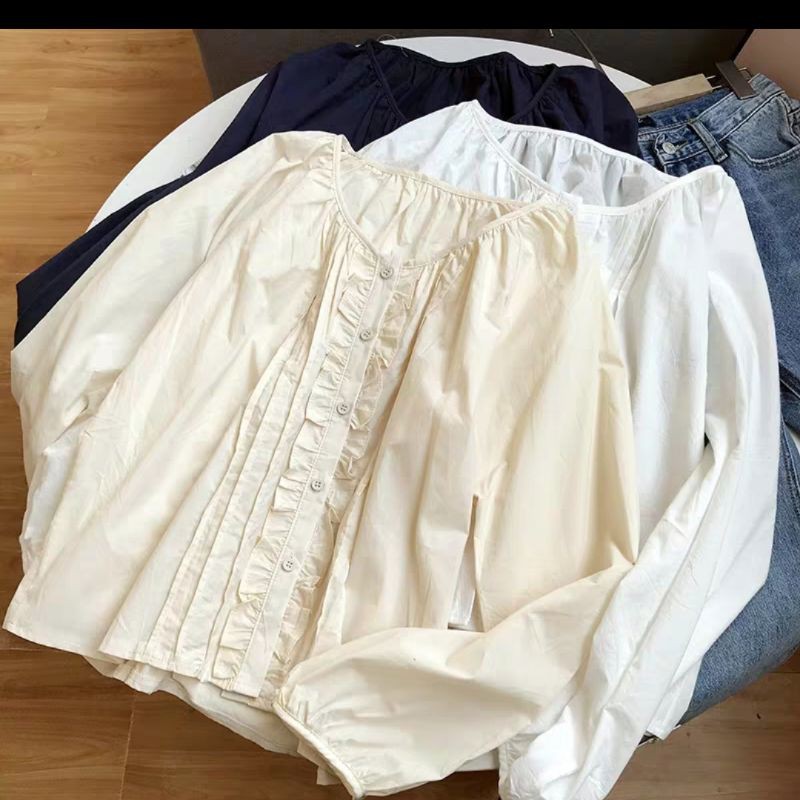 Áo babydoll cổ tròn phối bèo vintage tiểu thư