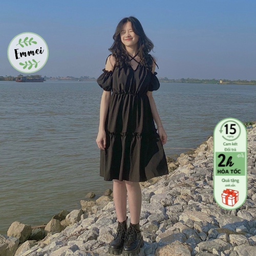 Đầm 2 dây, váy babydoll angel đen buộc nơ trễ vai Emmei v82