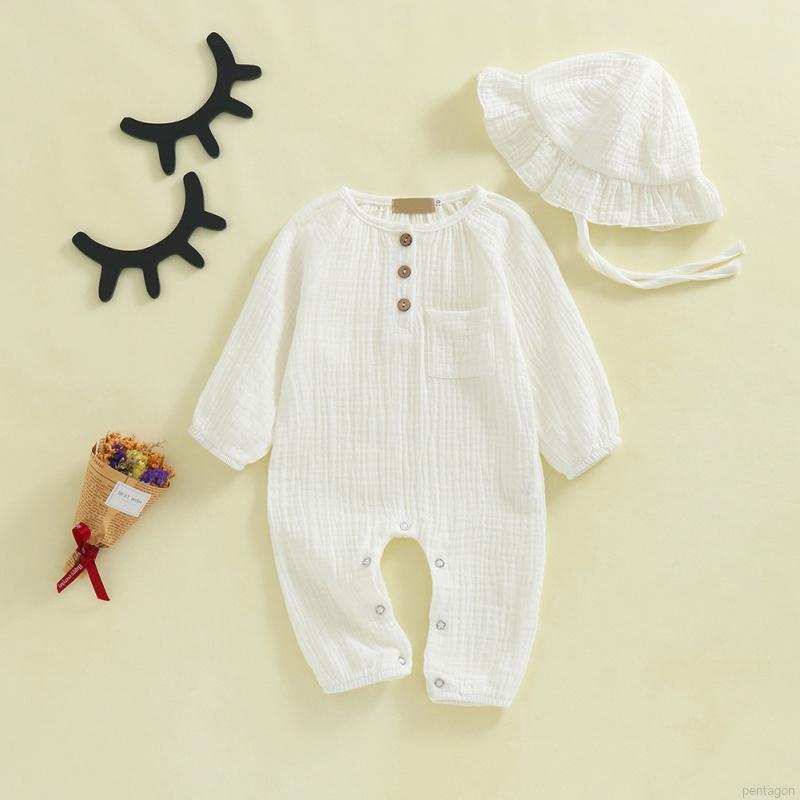 Set đồ liền thân và mũ màu trơn xinh xắn cho trẻ em