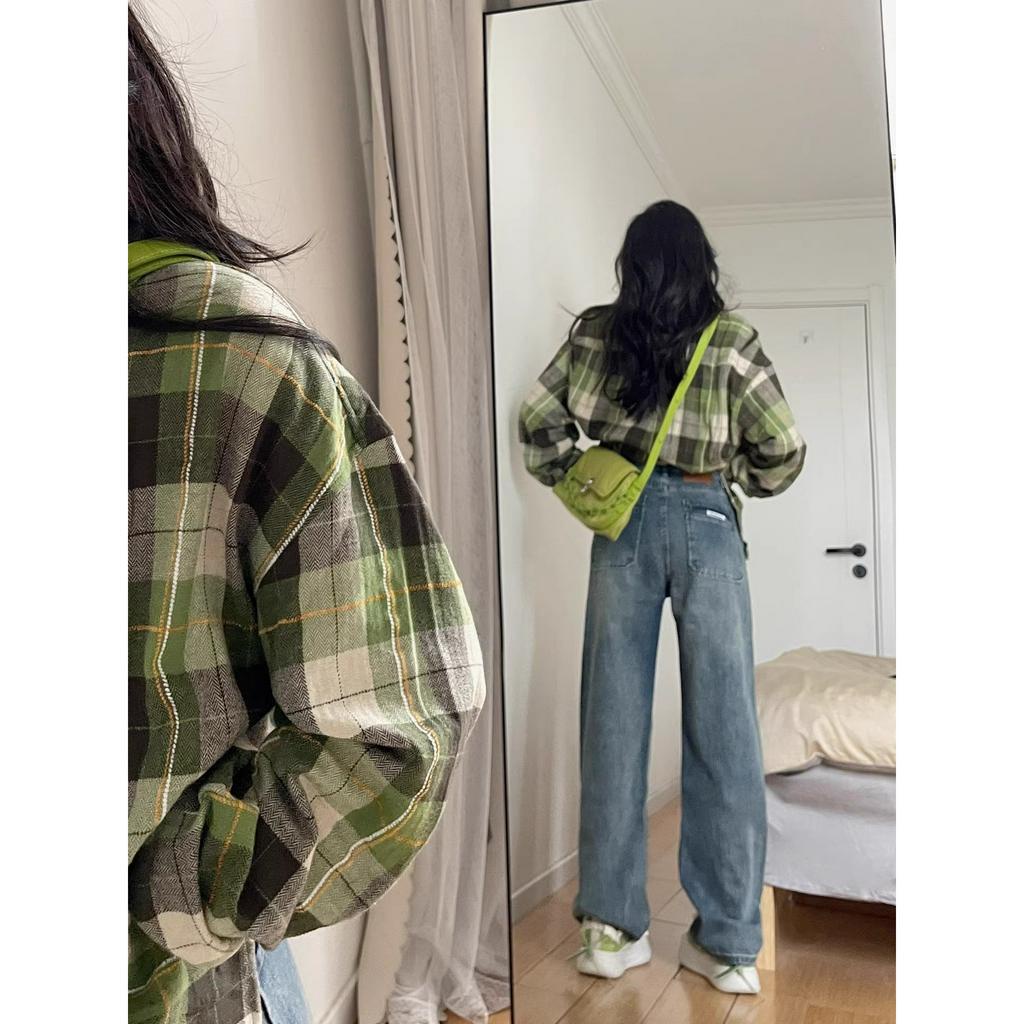 Xiaozhainv Áo Sơ Mi Caro Tay Dài Dáng Rộng Phong Cách retro Cho Nữ