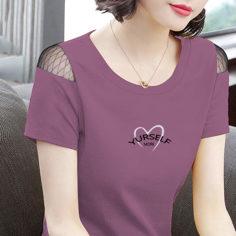 Áo thun tay ngắn hở vai in họa tiết thời trang cho phụ nữ trung niên