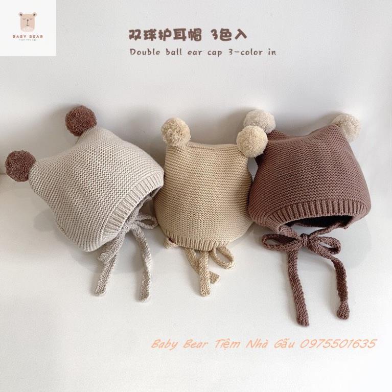 Mũ Len Hàn Quốc Cho Bé Trai Bé Gái Sơ Sinh Hình Tai Gấu Gắn Quả Bông Cực Đáng Yêu 0-2 tuổi