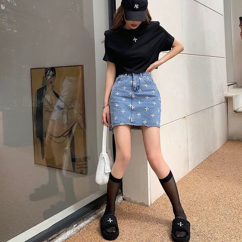 Jiashucheng Chân Váy Denim Chữ a Lưng Cao In Họa Tiết Thời Trang Mùa Hè Dành Cho Nữ