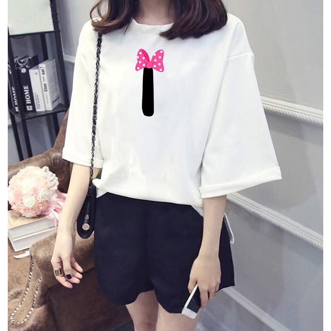 Áo thun nữ tay lỡ form rộng chữ I đeo nơ vải dày mịn TEEWOC9